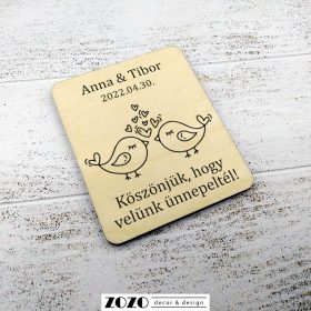   Esküvői köszönetajándék gravírozott fa hűtőmágnes - szerelmes madárkák
