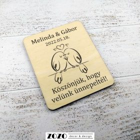   Esküvői köszönetajándék gravírozott fa hűtőmágnes - szerelmes madárkák