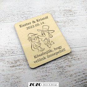   Esküvői köszönetajándék gravírozott fa hűtőmágnes - karikatúra