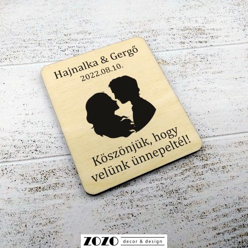 Esküvői köszönetajándék gravírozott fa hűtőmágnes - silhouette