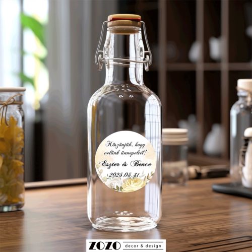 Bézs rózsa virágos - Esküvői matrica, pálinkás üveg címke (05)