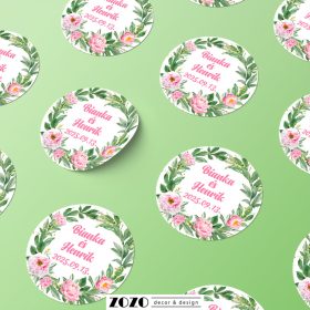   Pink virágkoszorú - Esküvői matrica, pálinkás üveg címke (12)