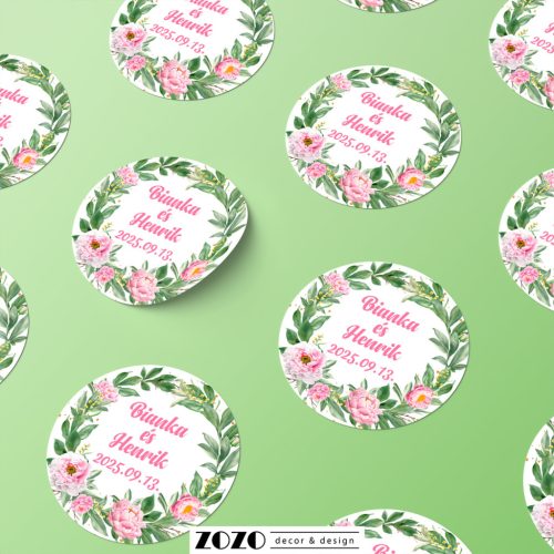 Pink virágkoszorú - Esküvői matrica, pálinkás üveg címke (12)
