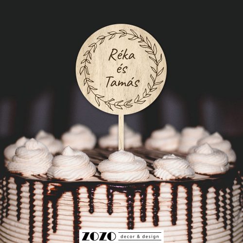 Esküvői tortadísz tortabeszúró - kör fa egyedi szöveggel