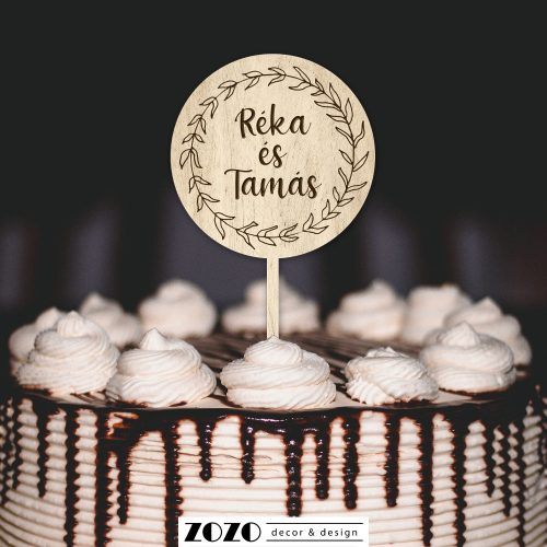 Esküvői tortadísz tortabeszúró - kör fa egyedi szöveggel