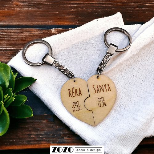 Egyedi neves egymásba illeszthető páros szív alakú fa kulcstartó szerelmes pároknak